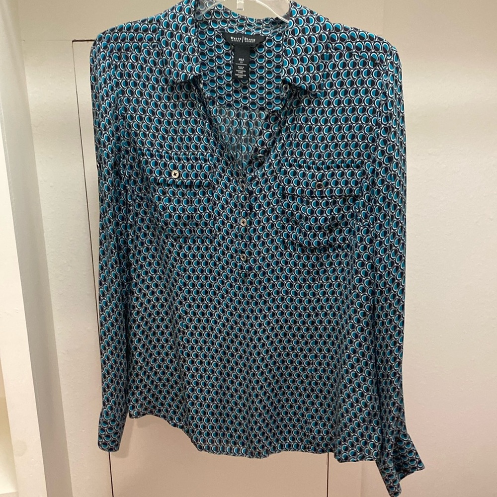 WHBM White House Black Market Blue Silk Blouse Tab